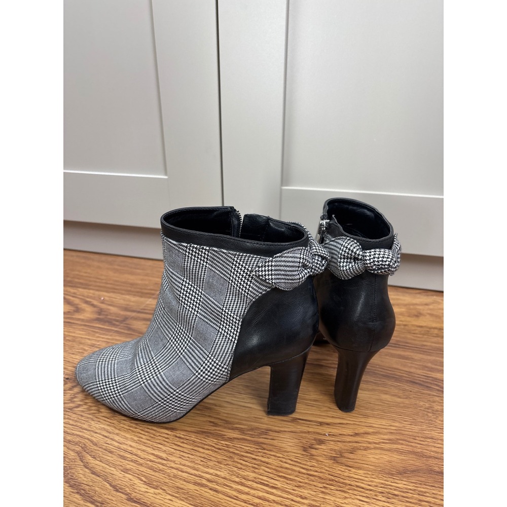 Ralph Lauren Academia Twee Plaid Leather Bow Ankle Boots Black White 6.5